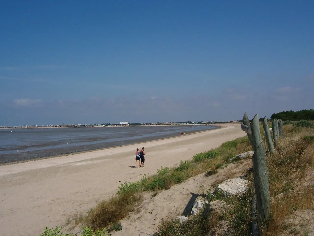 La plage d’Aytré à marée basse, bordée d’une dune herbeuse et de vieux piquets de bois