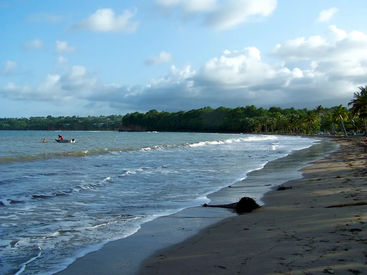 La plage de Sainte-Claire à Goyave : sable sombre, vagues qui roulent sur la grève, une petite barque au large et une pointe boisée bordée de palmiers sous un ciel nuageux