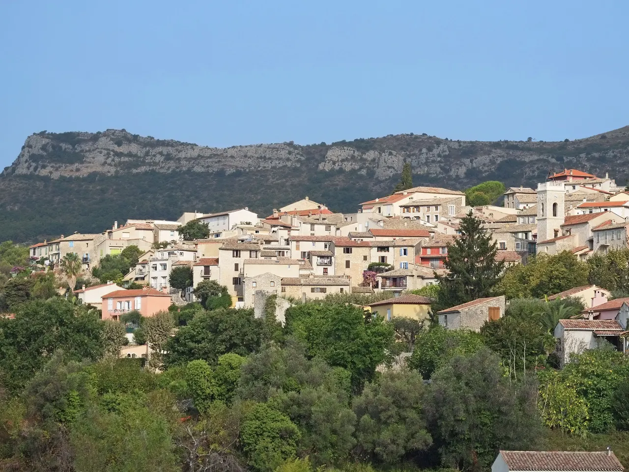 Le village de La Gaude, ses maisons claires et son clocher au-dessus de la végétation, devant la longue barre rocheuse des baous.