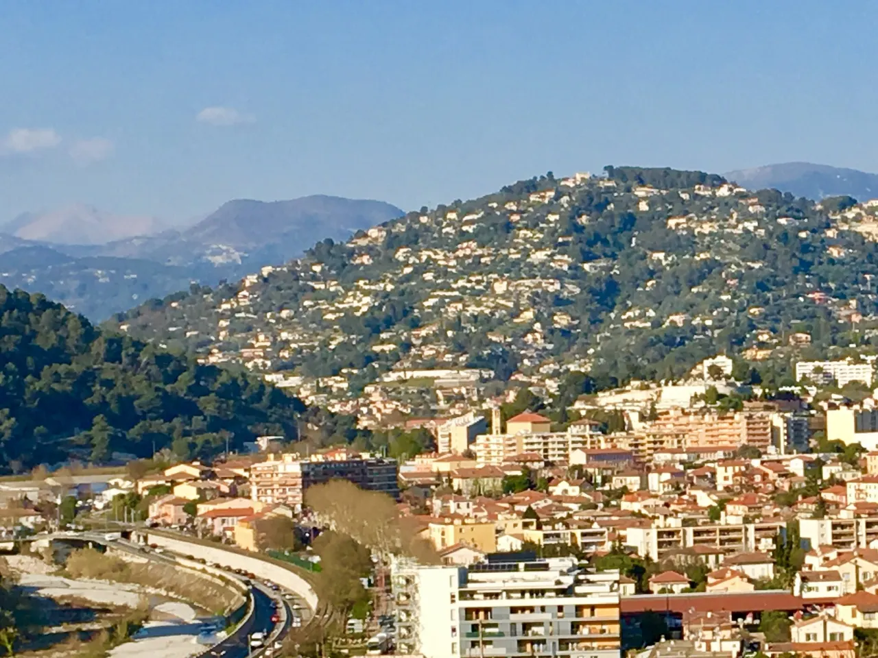 Immeubles et maisons de La Trinité au pied de collines couvertes de villas, le long du Paillon, avec les montagnes au loin.